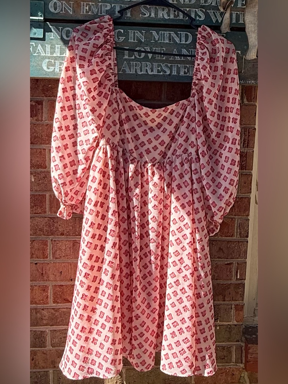 Storia Pink Red Floral-Print Midi Dress with Puff Sleeves